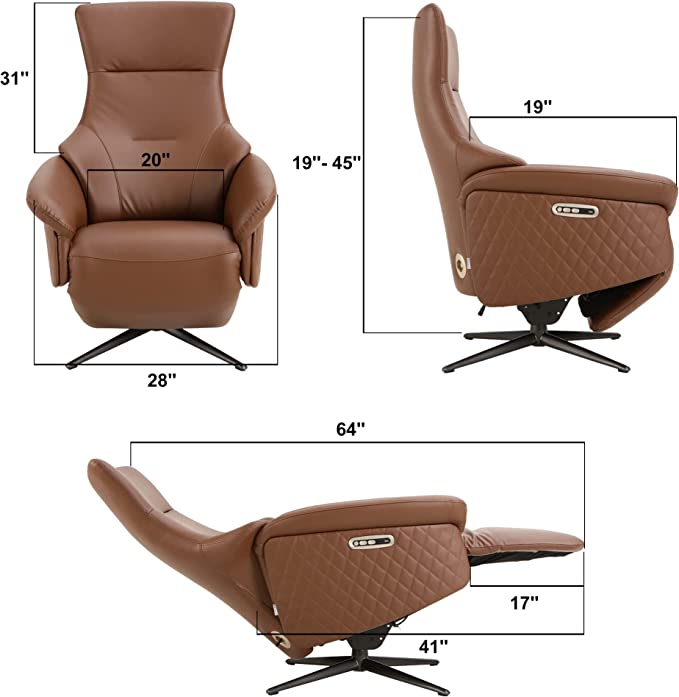 Power Recliner Lounge Chair Single - Swivel Leather Electric Recliner Adjustable Headrest Footrest Lumbar Support Zero Gravity, Brown