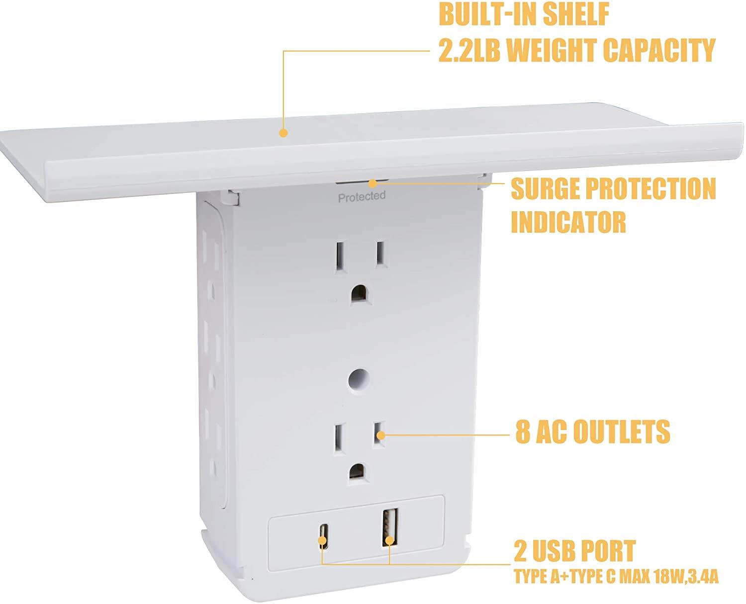 Socket Shelf Outlet 2 Pack Surge Protector Extender Wall plug with USB A+C Ports(3.4A Total), 8 AC Outlets - Bosonshop