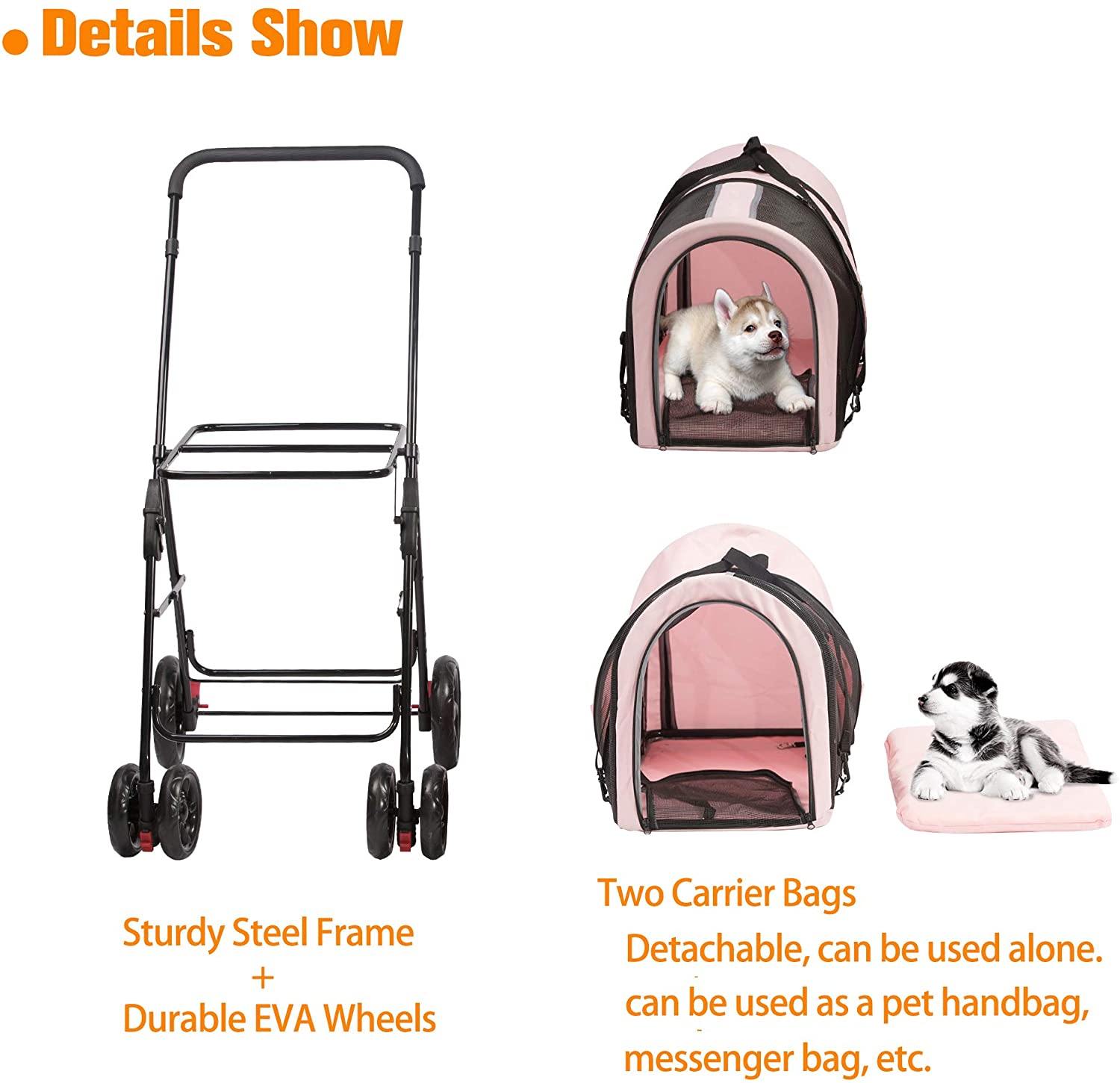 Dog Stroller Cat Stroller Pet Carriers Bag Jogger Stroller for Small Medium Dogs Cats Travel Camping 4 Wheels Lightweight Waterproof Folding Crate