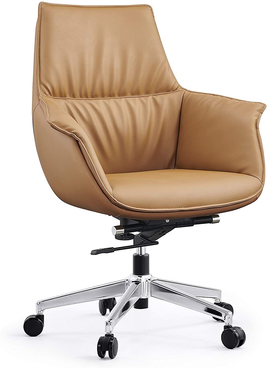 Mid Back Swivel Chair For Desk With Adjustable Height Handle Office Armchair PU Leather Ergonomic Desk Chair, Brown - Bosonshop