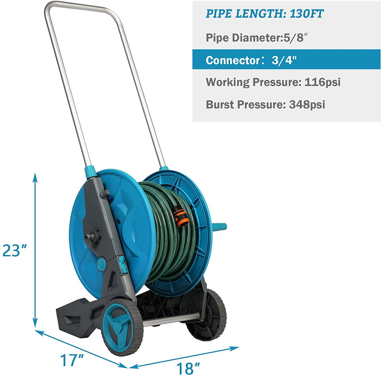 Garden Hose Reel Cart with Wheels, Water Hose Reel Mobile Cart with 8 Patterns Hose Nozzle 3/4" Connector, for Garden Watering, Car Washing - Bosonshop