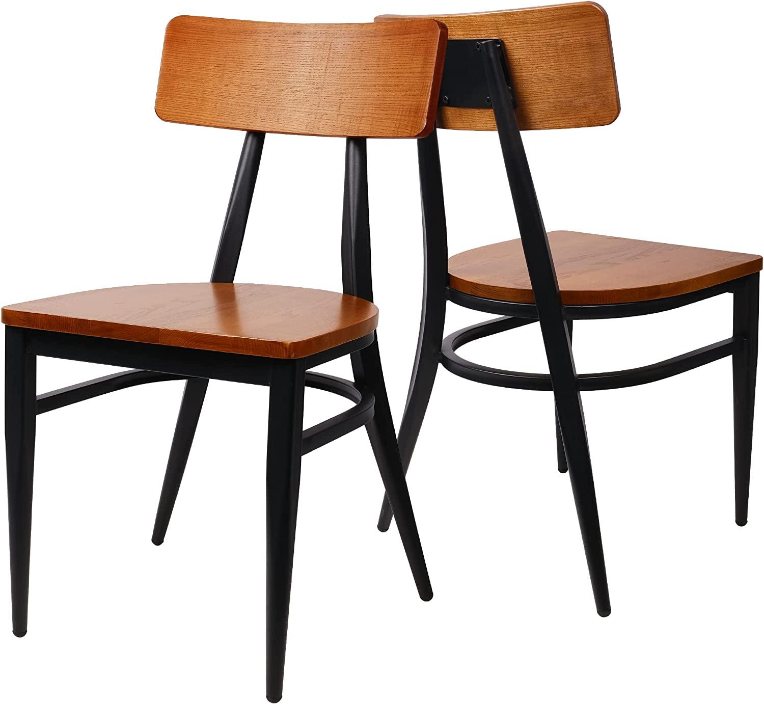 Modern Industrial Kitchen Dining Chairs Set of 2 with Solid Wooden Seat & Metal Legs