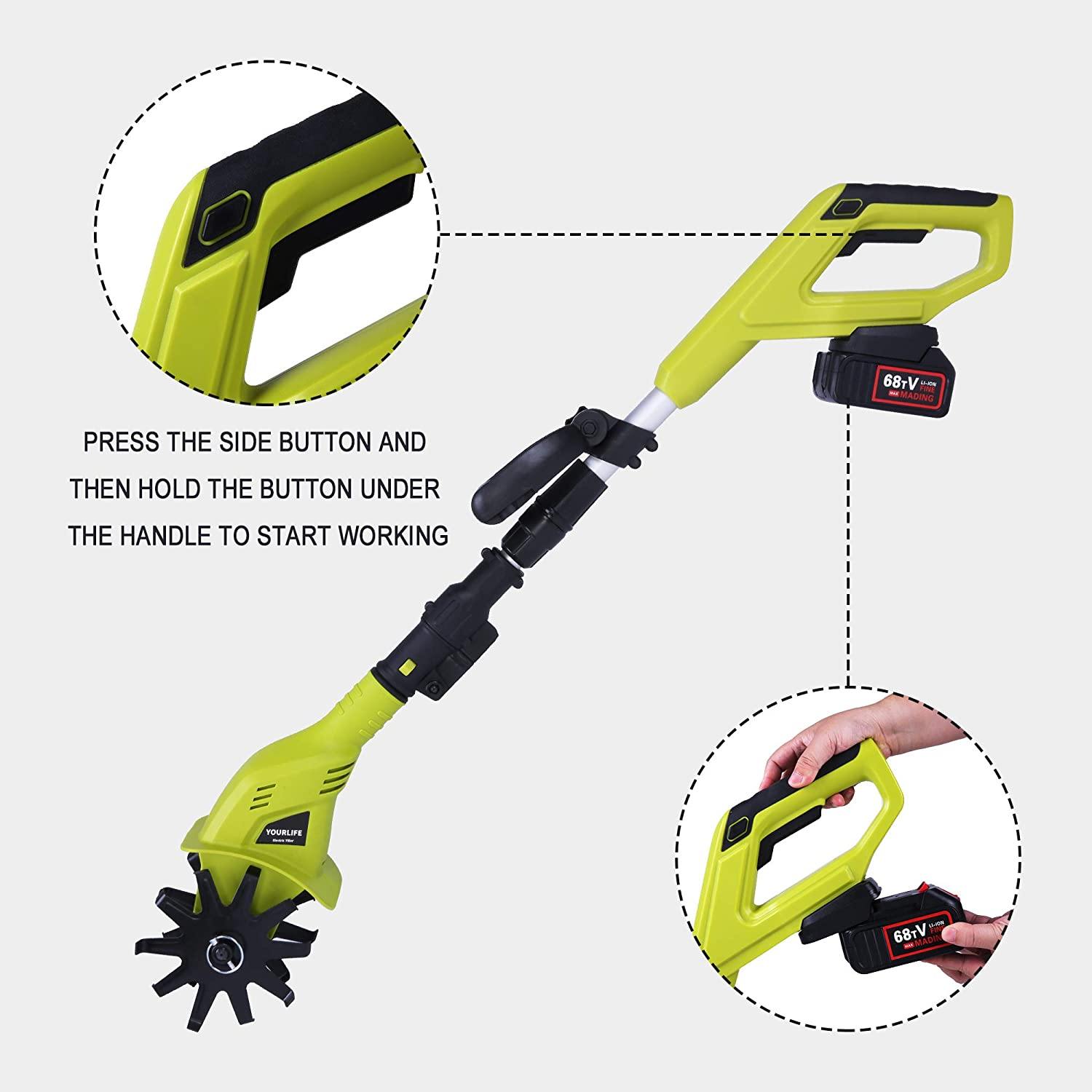 20V Cordless Electric Garden Tiller/Cultivator Height Adjustable with 2.0 Ah Lithium Battery and Charger -Chartreuse - Bosonshop