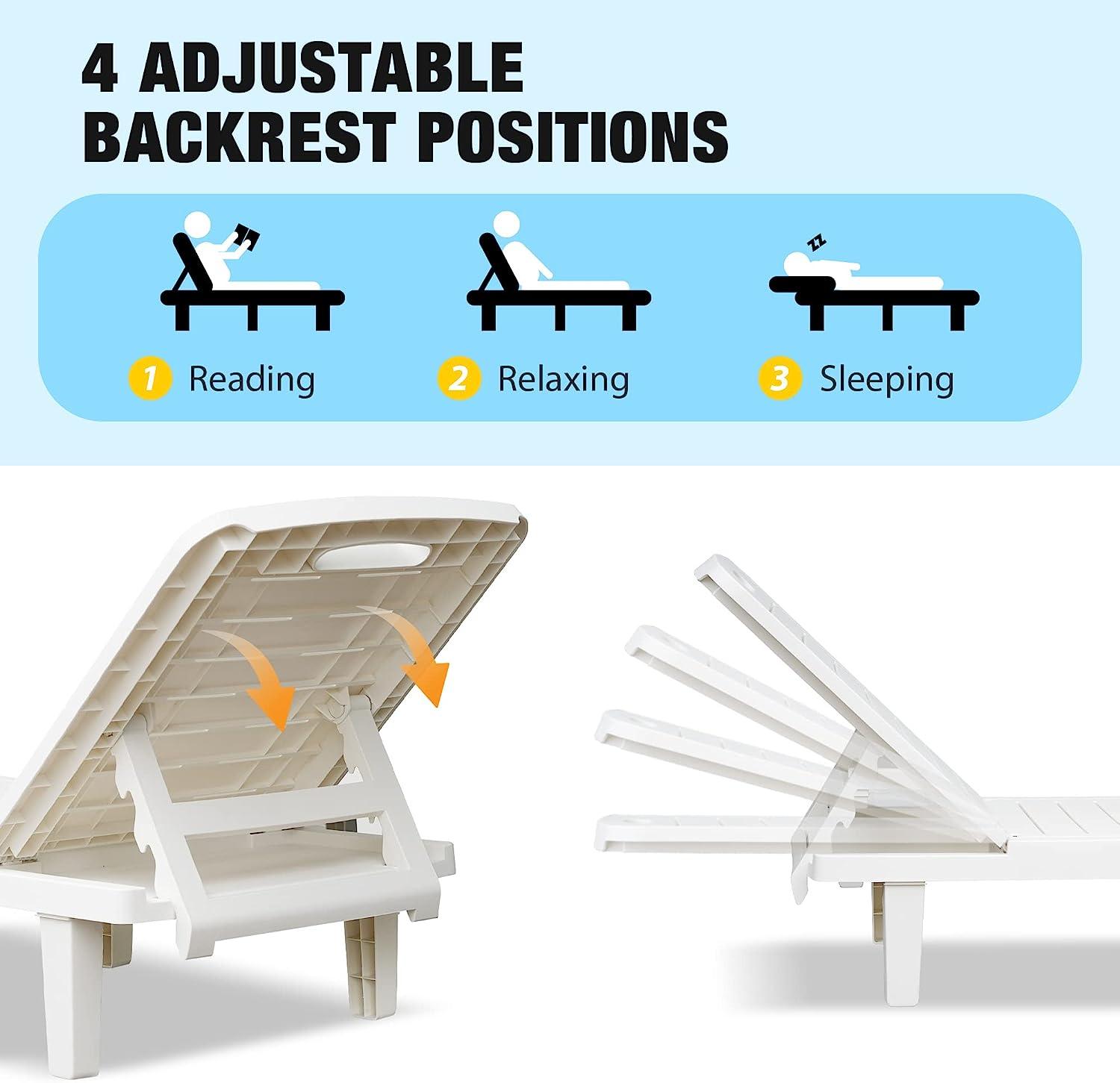 Chaise Lounge Chair Patio Sunbathing Chair with 4 Level Adjustable Backrest & Hide Cup Holder, White - Bosonshop