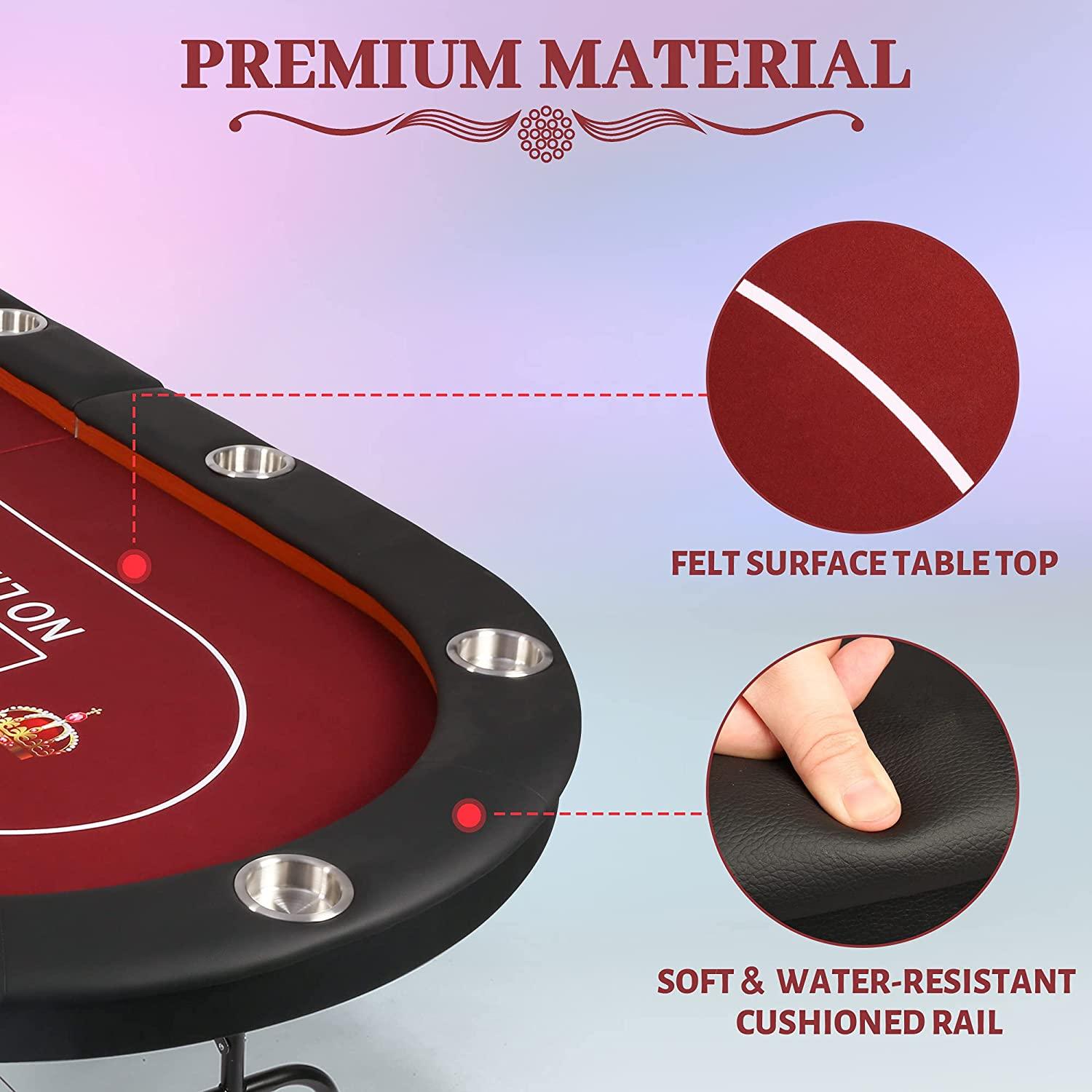 10 Players Folding Casart Poker Table Card Game Table with Metal Frame and 10 Cup Holders, Red - Bosonshop