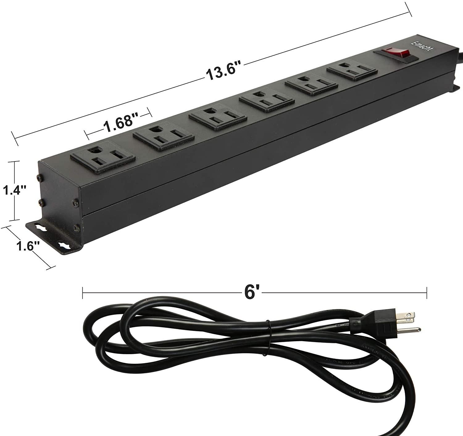 2 Pack Long Power Strip Surge Protector, 6 Outlets Metal Heavy Duty Power Outlet, Wall Mountable with Hook & Loop, 6 ft Long Extension Cord, Black - Bosonshop