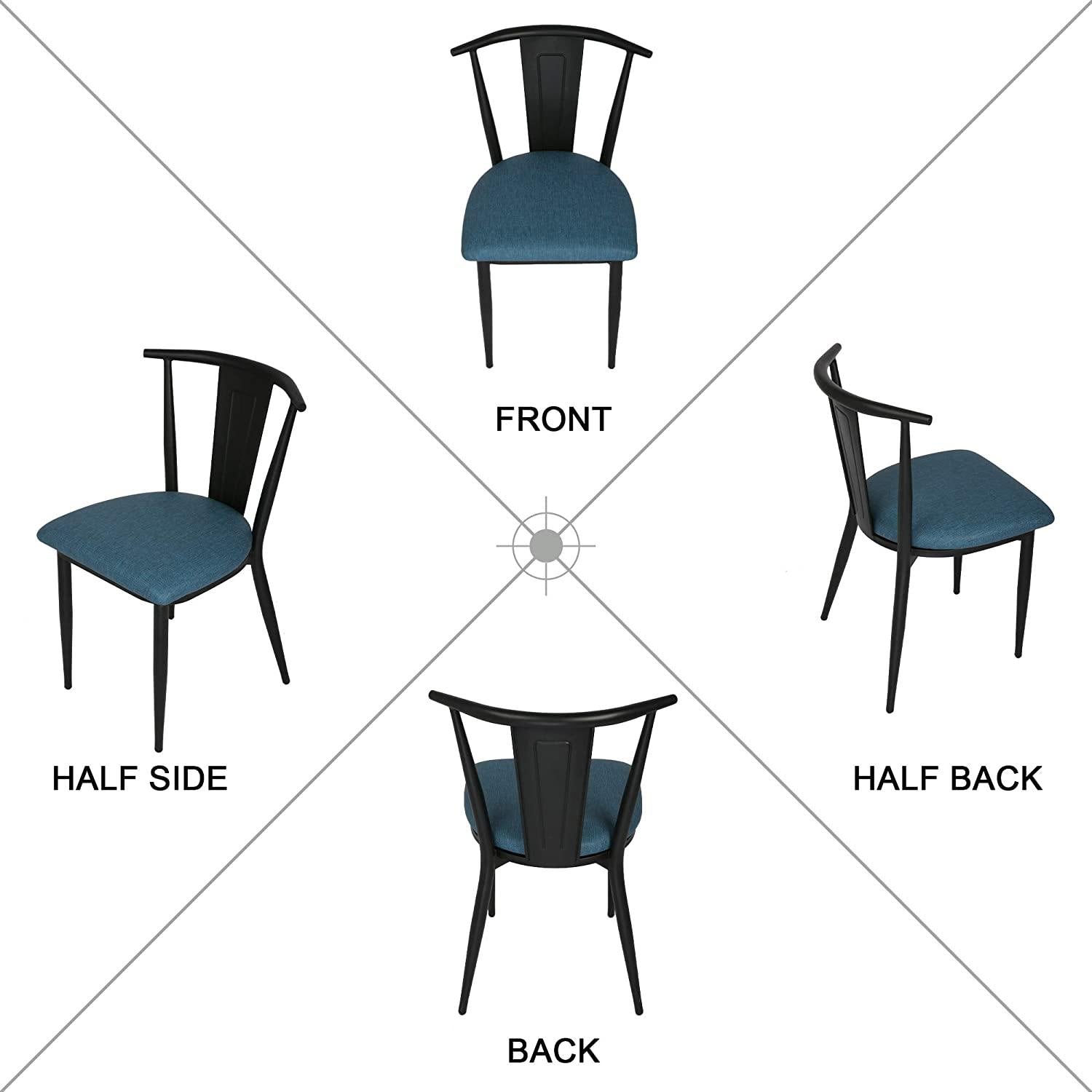 Industrial Dining Chairs Set of 2, High Back Black Iron Chair Frame with PU Leather Upholstered Seat, Blue - Bosonshop