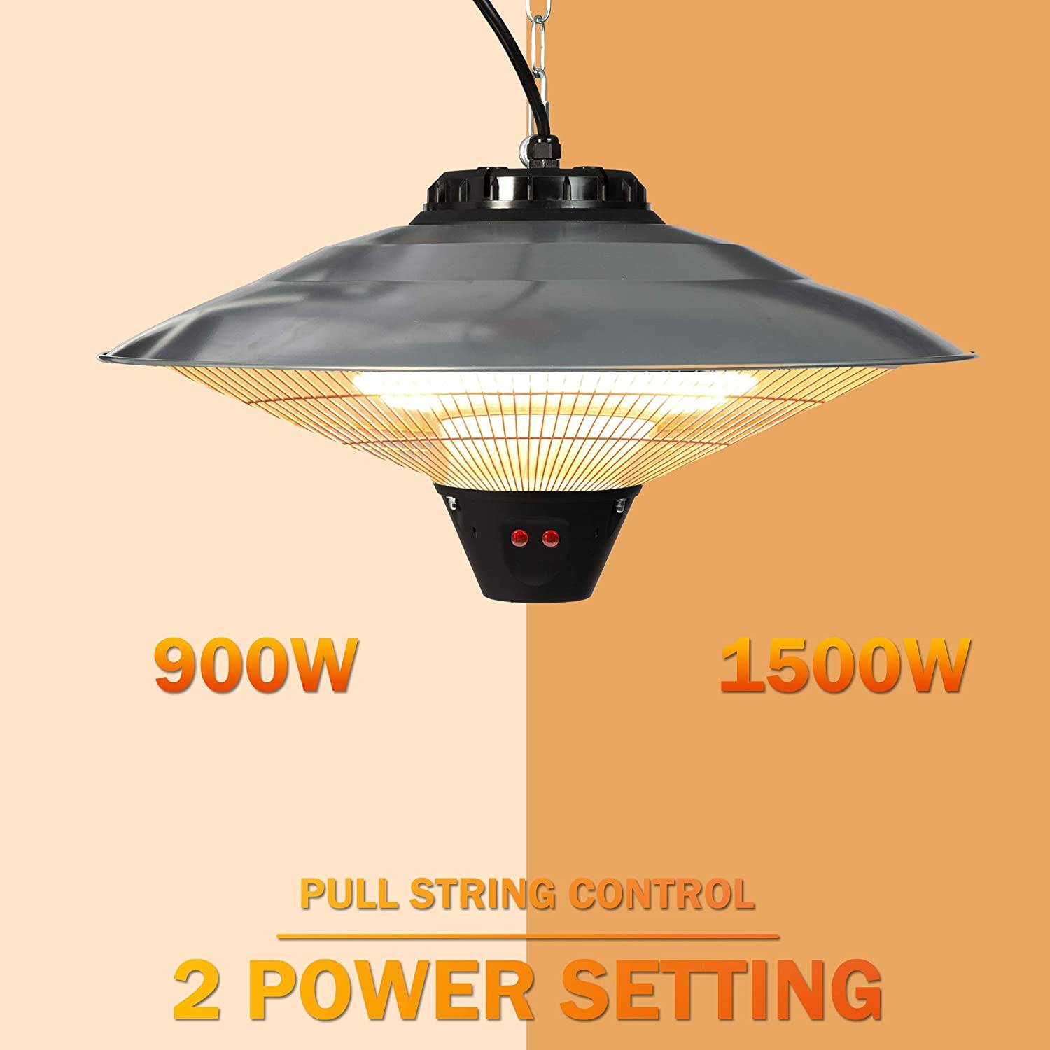 Electric Patio Heater Ceiling Mounted or Hanging Infrared Heater, Waterproof IP24, for Outdoor or Indoor Use, 900W-1500W, 5100 BTU - Bosonshop