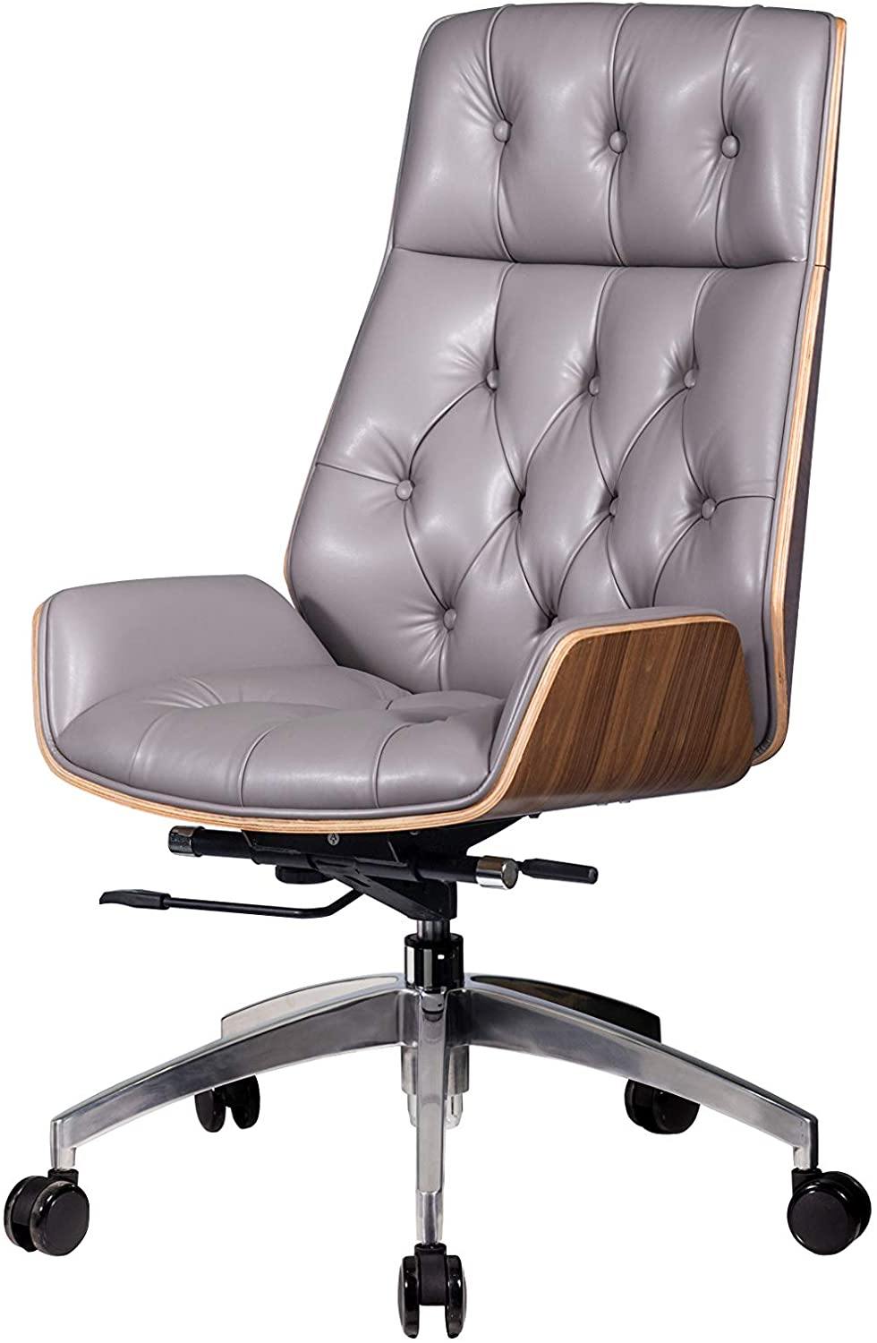 Ergonomic Desk Chair PU Leather Computer Chair Executive Adjustable Rolling Swivel Chair With Headrest & Wood Walnut Backrest, Gray - Bosonshop