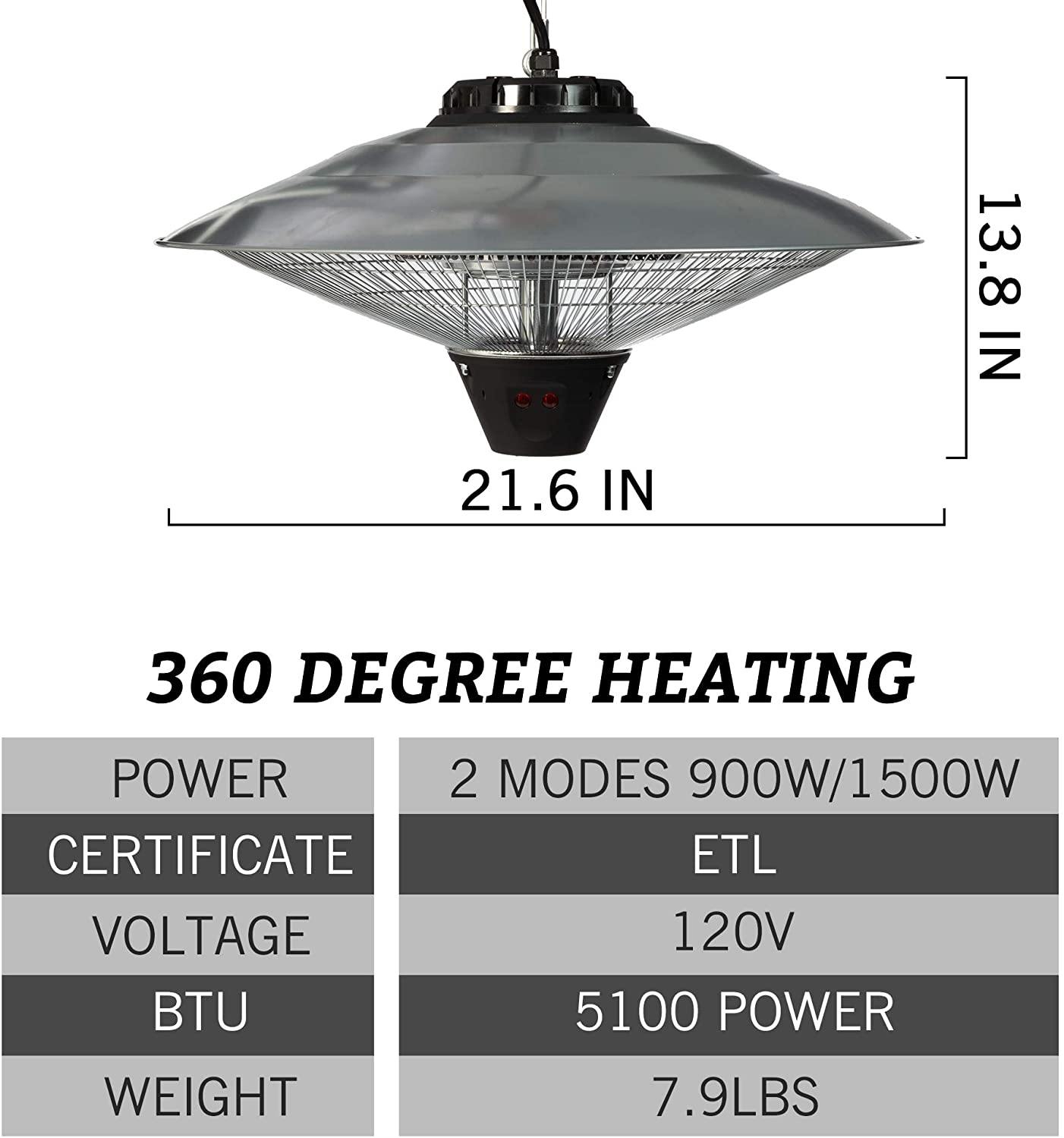 Electric Patio Heater Ceiling Mounted or Hanging Infrared Heater, Waterproof IP24, for Outdoor or Indoor Use, 900W-1500W, 5100 BTU - Bosonshop