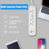 Surge Protector Power Strip with 3 Outlet and USB Port(5V/2.4A) & Type-C Port(5V/3A), 6 Ft Extension Cord - Bosonshop