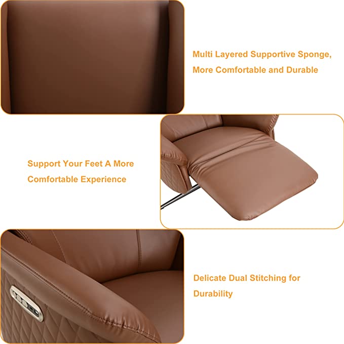 Power Recliner Lounge Chair Single - Swivel Leather Electric Recliner Adjustable Headrest Footrest Lumbar Support Zero Gravity, Brown