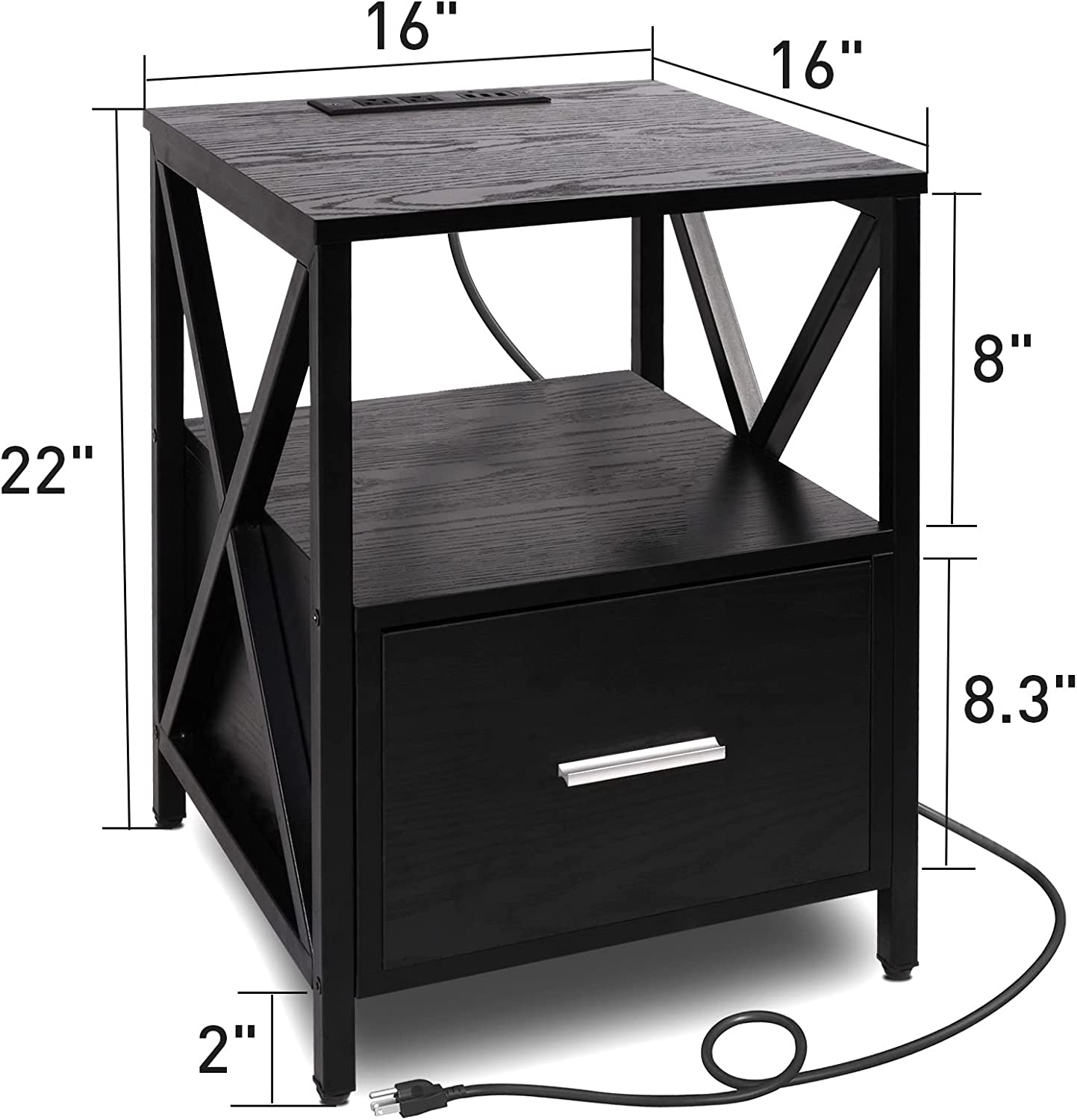 Nightstand Set of 2 Side Table with Charging Station USB Drawer Storage Night Stand BedSide Table with Drawer End Side Table with Storage Wood Accent Table (Black 1 Drawers 2 PC)