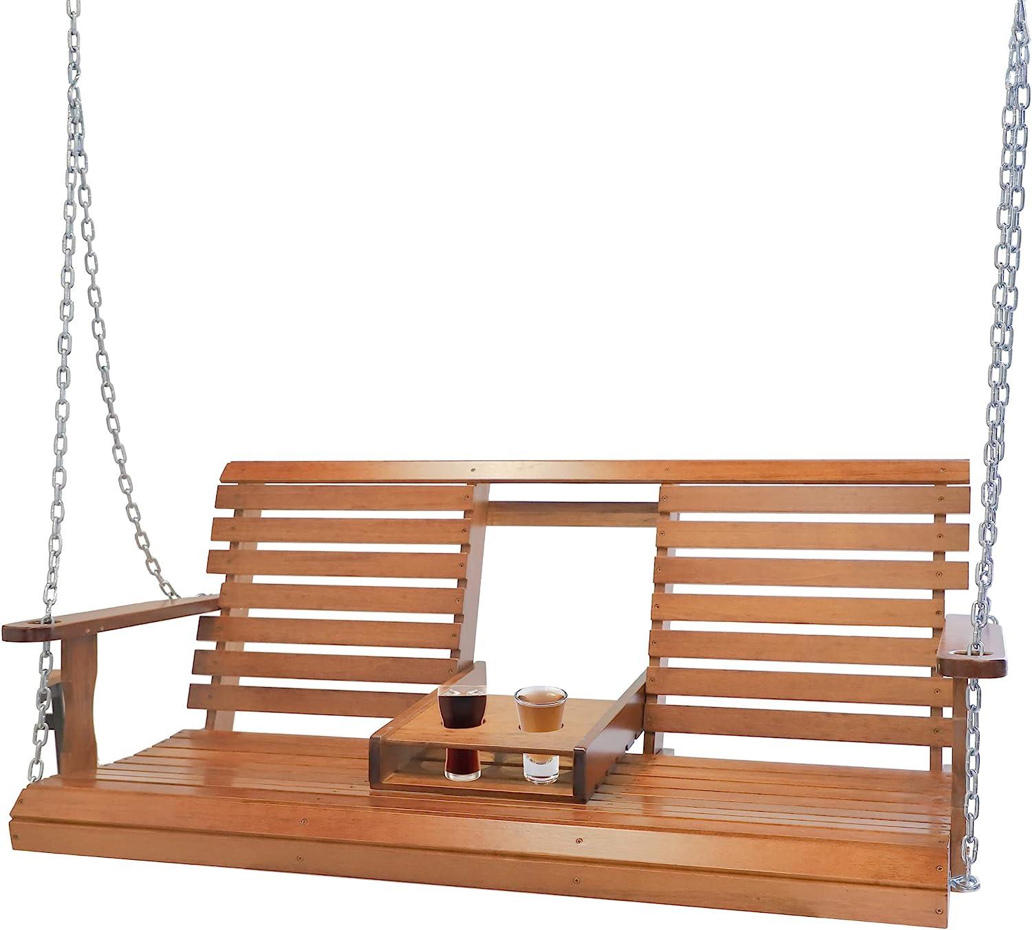 Wooden Porch Swing 2-Seater, Patio Swing Bench for Outdoor w/ Folding Cup Holders Heavy Duty Chains, 500 lbs Weight Capacity Hanging Swing Brown - Bosonshop