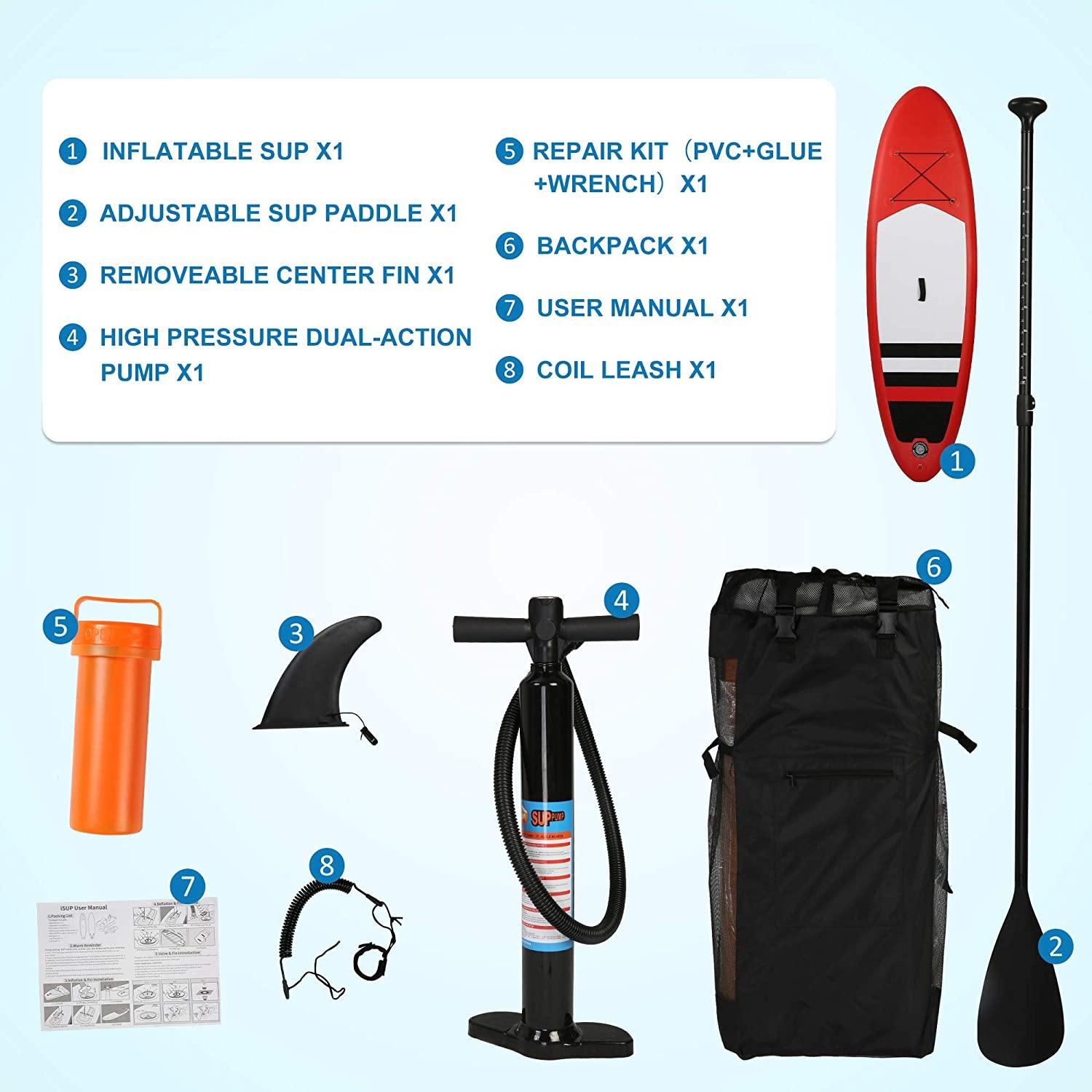 9' Inflatable Stand Up SUP Paddleboards with Accessories & Backpack Leash Double Action Hand Pump Repair Kit for Youth & Adult - Bosonshop