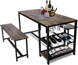 3 Piece Kitchen Table Set with Bench Dining Table Set for 4 Kitchen Dining Room Small Spaces Compact w/Storage Shelf Rack, Wine Rack