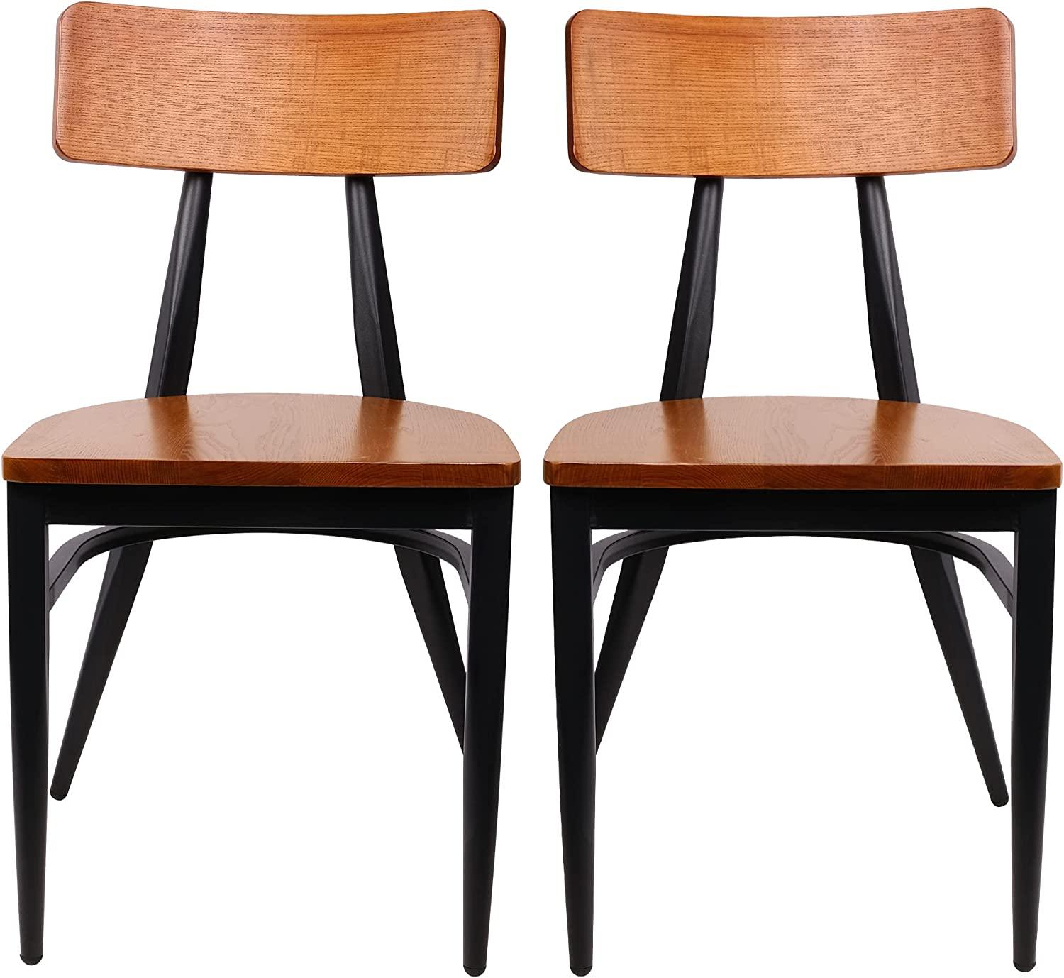 Modern Industrial Kitchen Dining Chairs Set of 2 with Solid Wooden Seat & Metal Legs