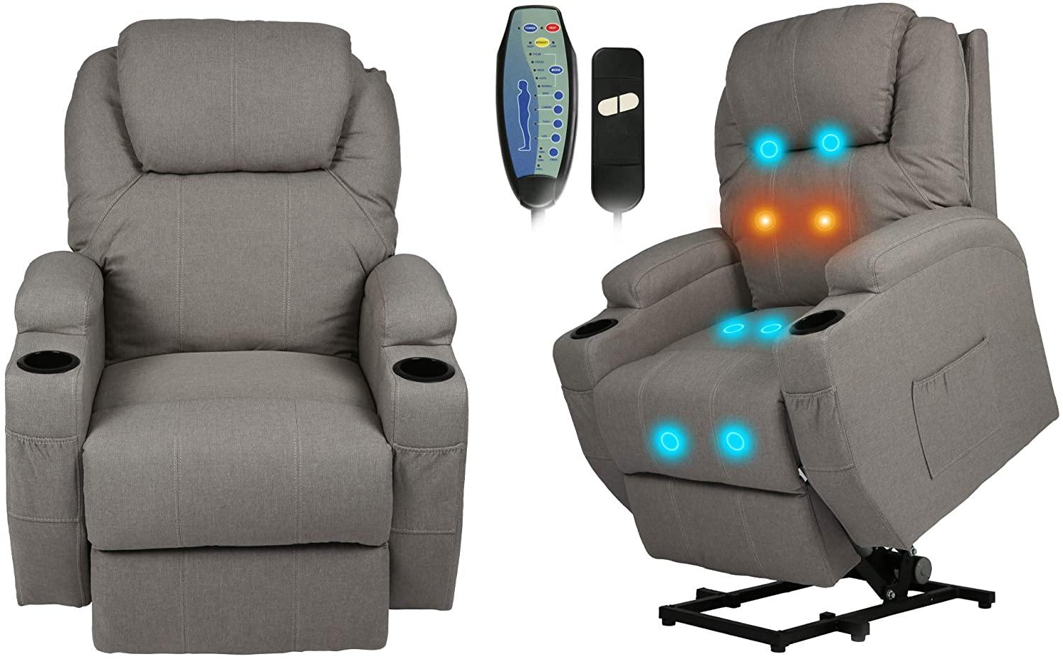 Single Recliner Chair with Massage & Heating Ergonomic Lounge Massage Sofa Power Lift with 2 Cup Holder Home Theater Seat, Fabric, Grey - Bosonshop
