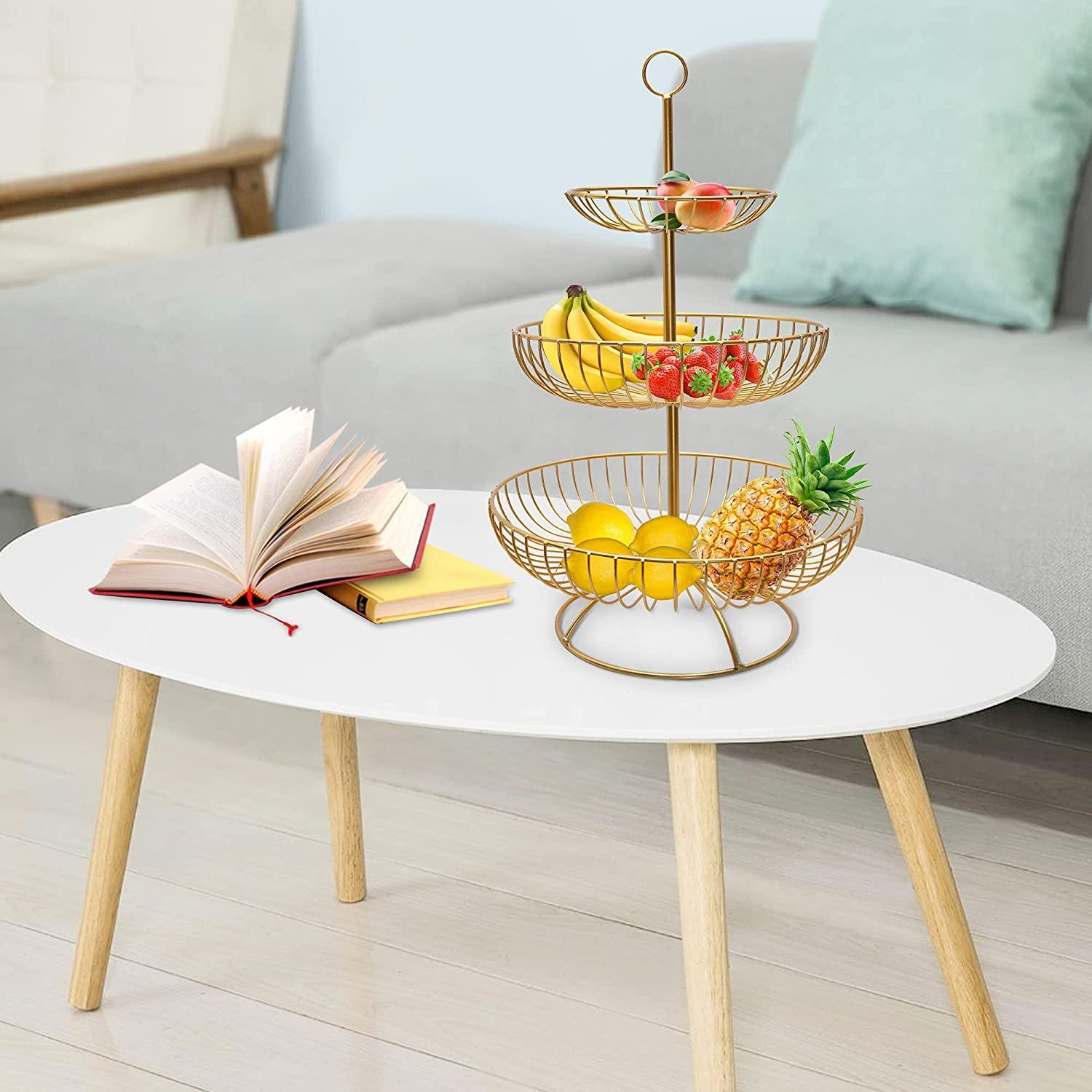 Fruit Basket for Kitchen Counter Fruit Vegetable Stand Stacked 3-Tier Bowls, Dining Table Counter Organizer, Modern Fruit Basket Stand, Golden - Bosonshop