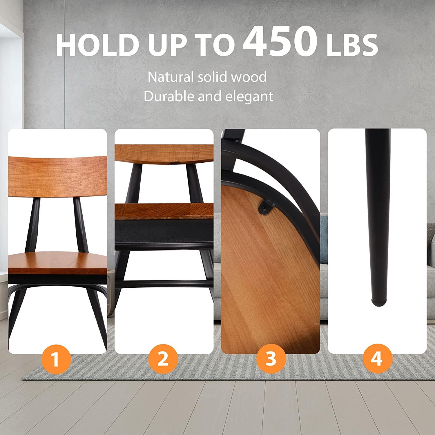 Modern Industrial Kitchen Dining Chairs Set of 2 with Solid Wooden Seat & Metal Legs
