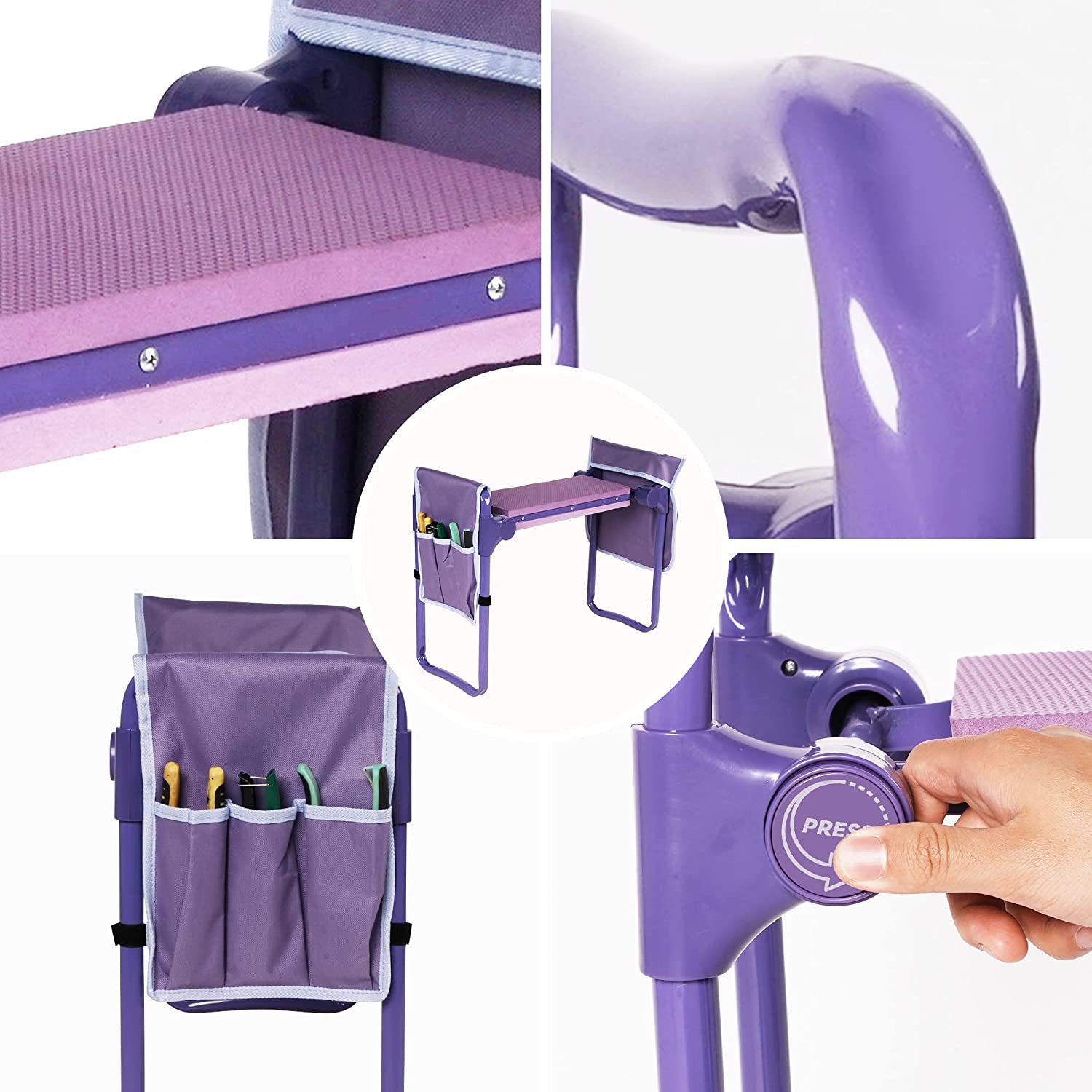 Garden Kneeler Widen Seat Bench Folding Portable Gardening Stools with EVA Foam Kneeling Pad and 2 Detachable Tool Pouch, Purple