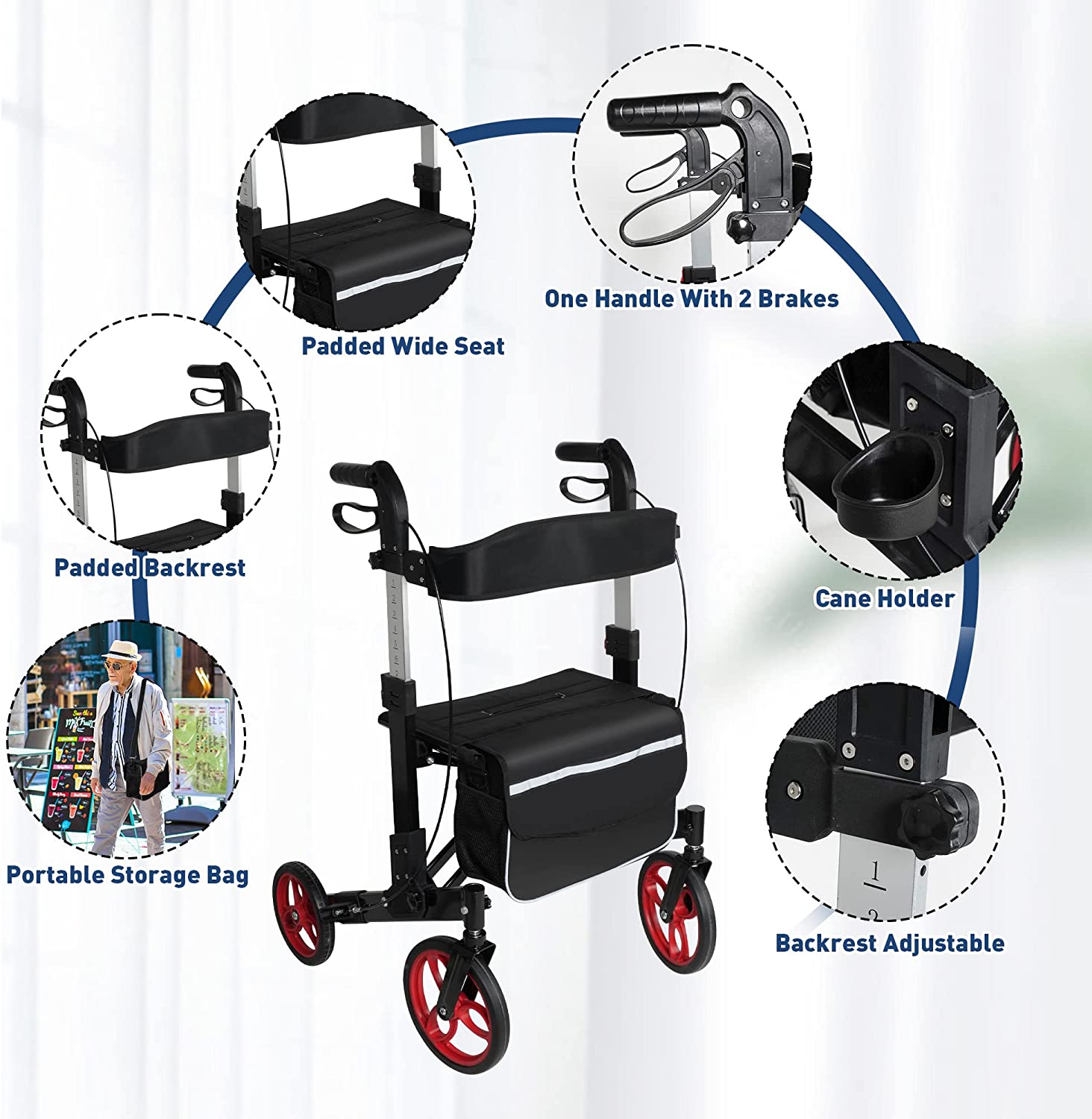 3-in-1 Folding Rollator Walker with Adjustable Handles and Seat Backrest for Seniors and Adults
