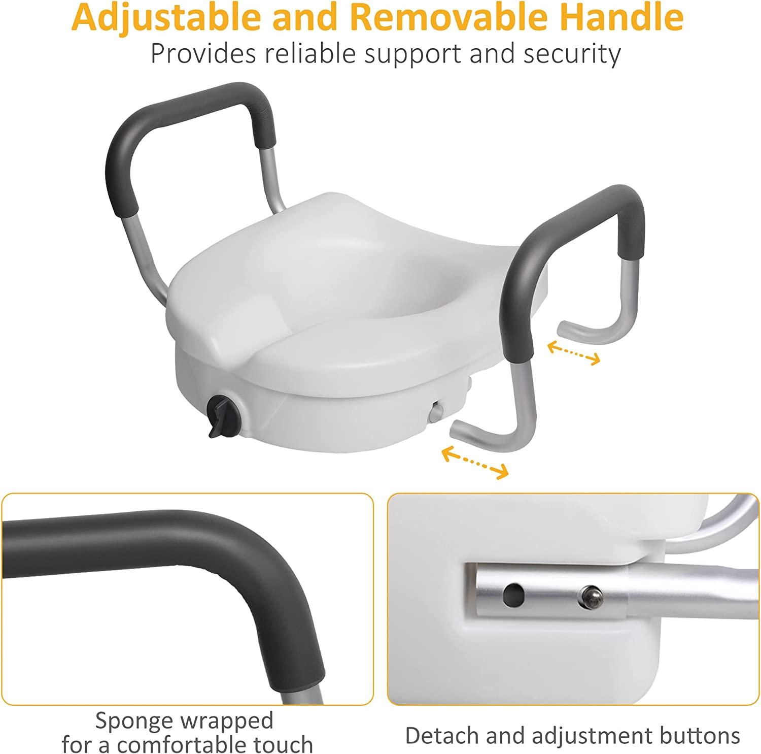 Raised Toilet Seat with Removable or Adjustable Handles, Plastic Raised Toilet Seat with Lock and Padded Armrests, White - Bosonshop