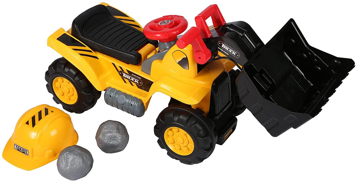 Kids Toddlers Ride-on Bulldozer Toy with Simulated Sounds Boys Construction Truck Vehicle with Bucket, Steering Wheel, Helmet, Rocks - Bosonshop