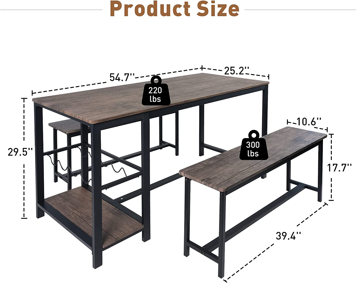 3 Piece Kitchen Table Set with Bench Dining Table Set for 4 Kitchen Dining Room Small Spaces Compact w/Storage Shelf Rack, Wine Rack