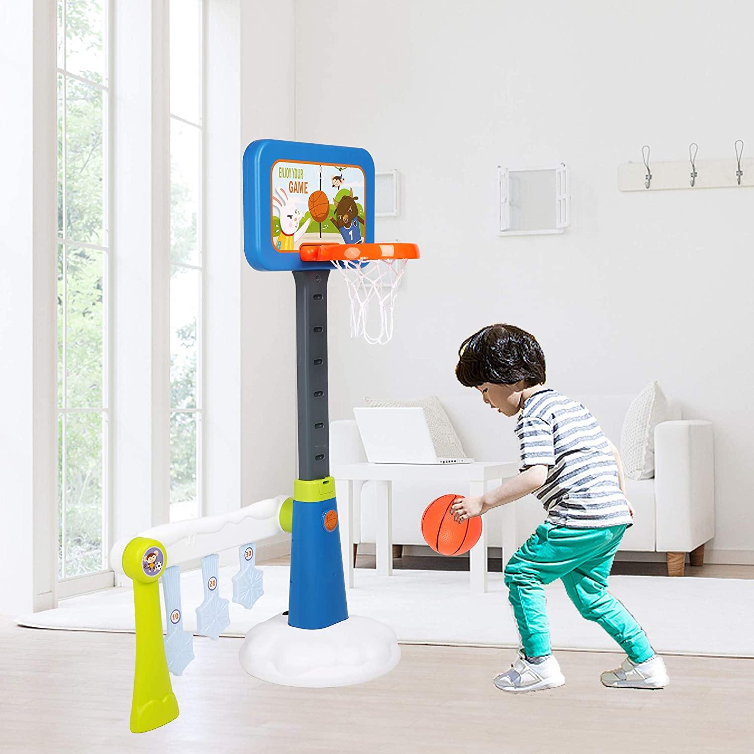 Basketball Hoop for Toddlers Kids 2-in-1 Sports Activity Center Height Adjustable Basketball Goal with Soccer Goal, Infant Indoor and Outdoor Toys - Bosonshop