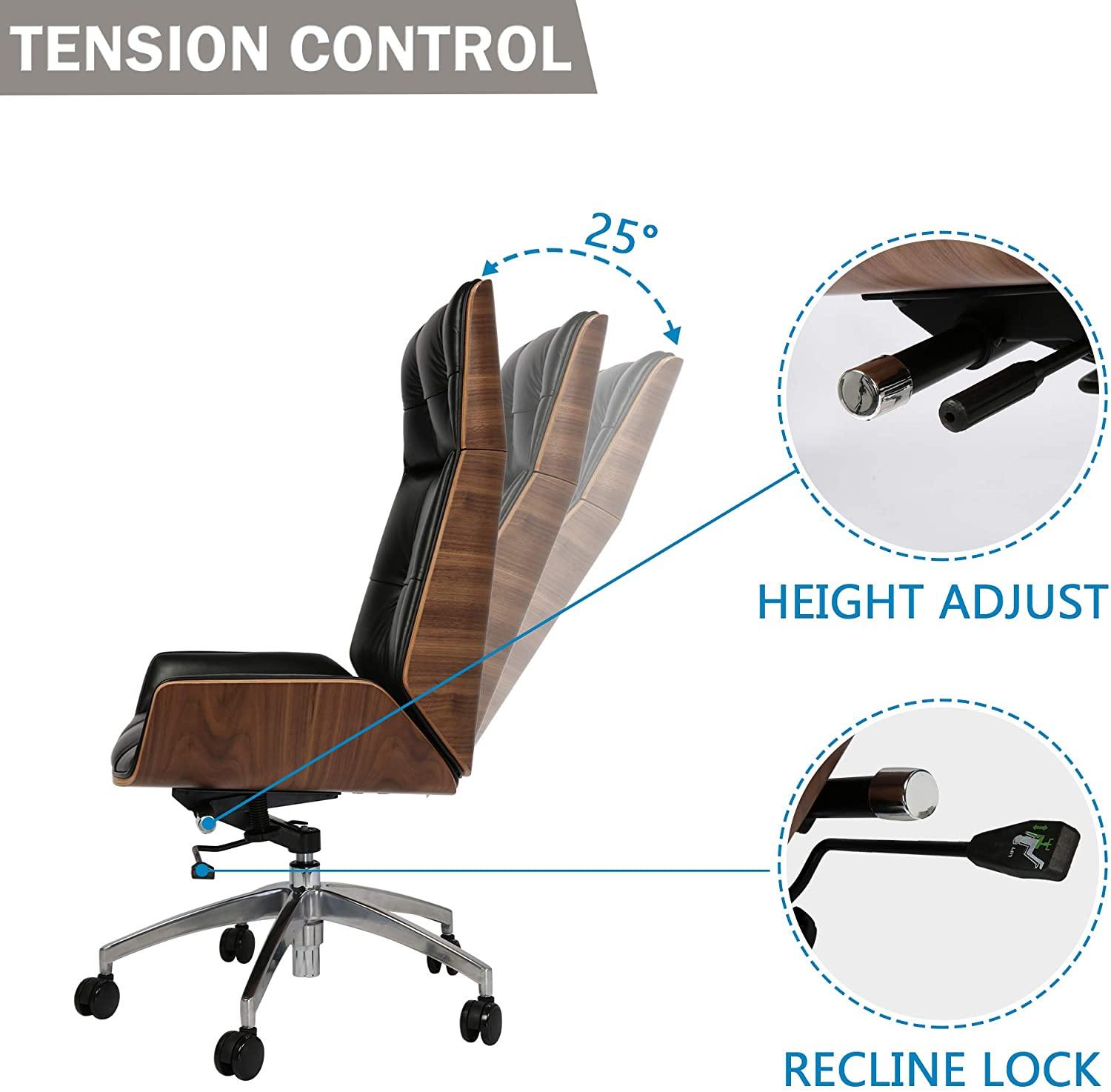 High Back Executive Adjustable Office Chair Upholstered Swivel Chair Task Home Office Chair with Headrest & Wood Walnut Backrest, Black - Bosonshop