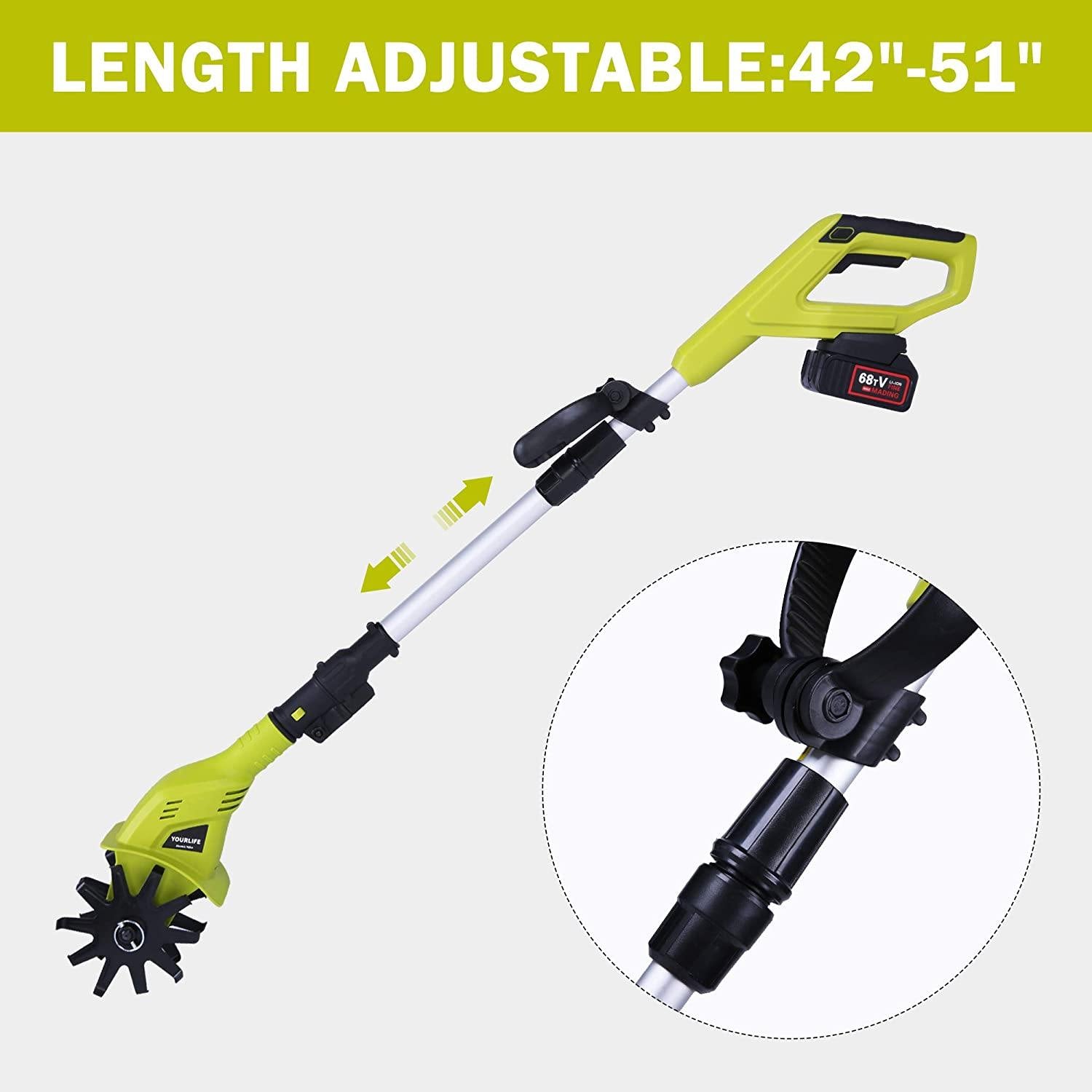 20V Cordless Electric Garden Tiller/Cultivator Height Adjustable with 2.0 Ah Lithium Battery and Charger -Chartreuse - Bosonshop