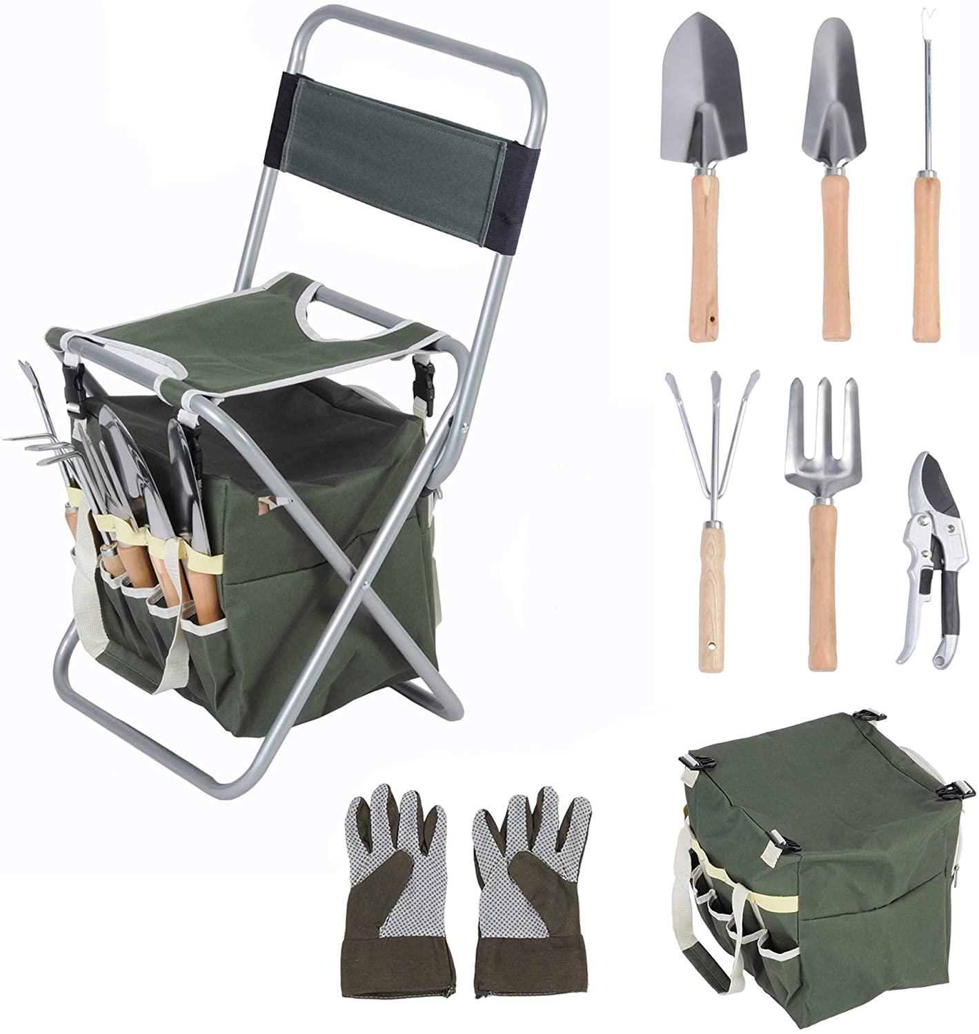 9 PCS Garden Tools Set Ergonomic Wooden Handle Sturdy Stool with Detachable Tool Kit Perfect for Different Kinds of Gardening - Bosonshop