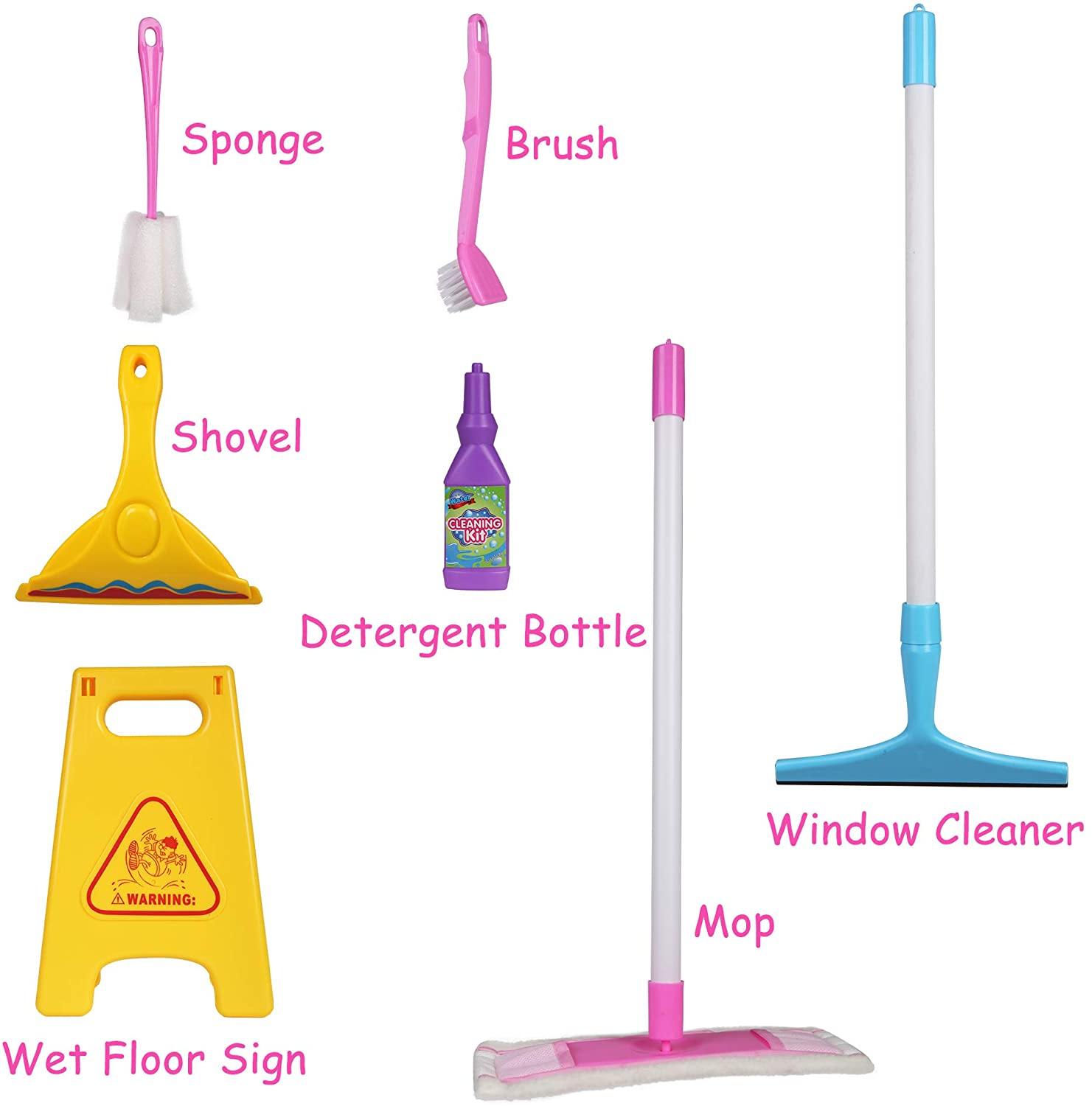 Kids Cleaning Set 7 Piece with Brush Broom Swab Warning Sign Sponge Pretend Play Toy Cleaning Set for Toddler 3 Year Old Girls Boys - Bosonshop