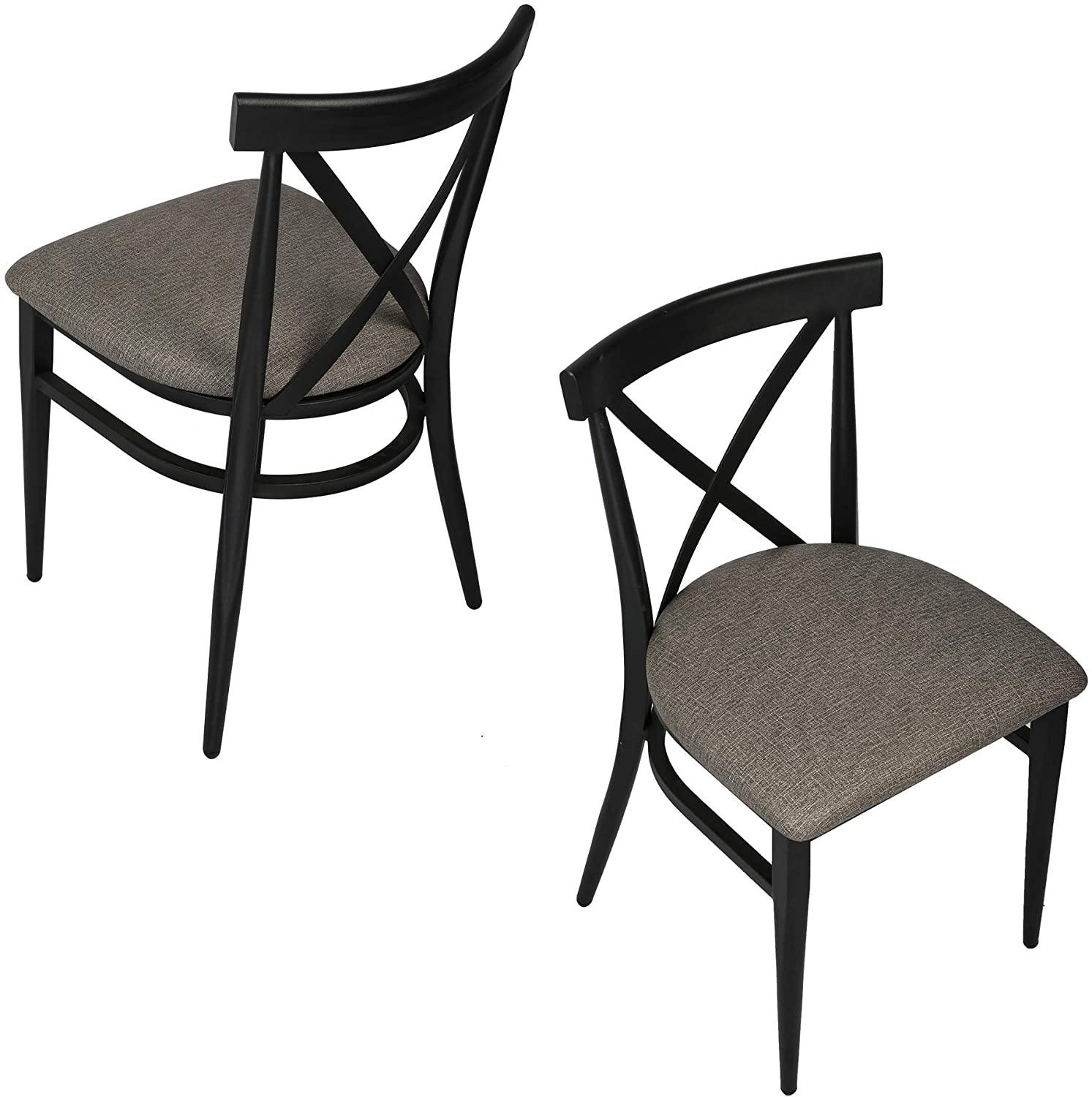 Cross Back Dining Chairs With Metal Frame & PU Leather Seat, Stackable X-Shaped Back Inhustrial Metal Chair, Set of 2(Gray & Black) - Bosonshop