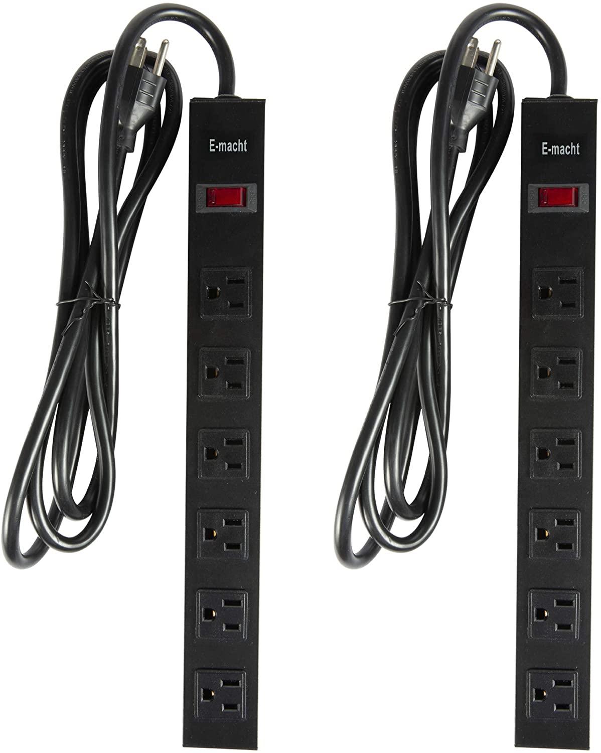 2 Pack Long Power Strip Surge Protector, 6 Outlets Metal Heavy Duty Power Outlet, Wall Mountable with Hook & Loop, 6 ft Long Extension Cord, Black - Bosonshop