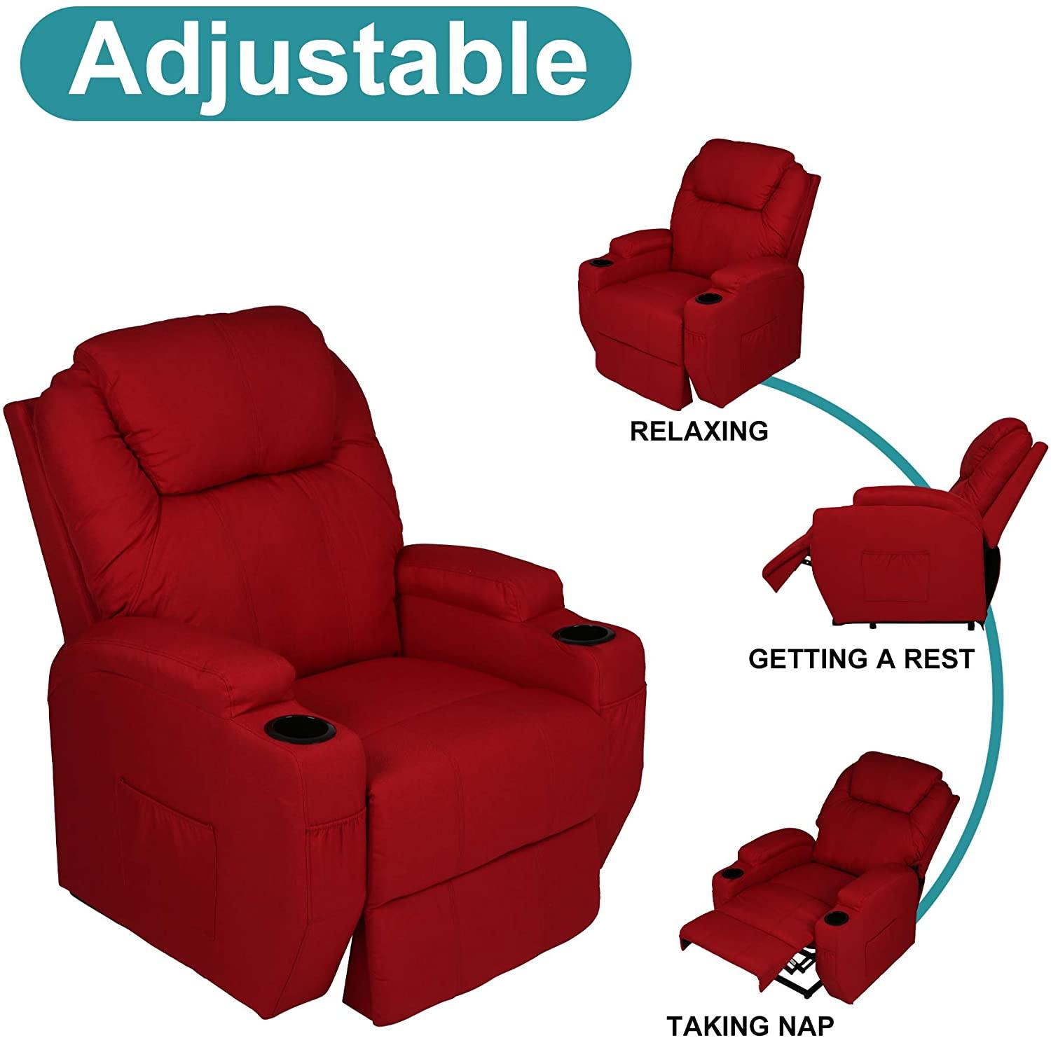 Single Recliner Chair with Massage & Heating Ergonomic Lounge Massage Sofa Power Lift with 2 Cup Holder Home Theater Seat, Fabric, Red - Bosonshop