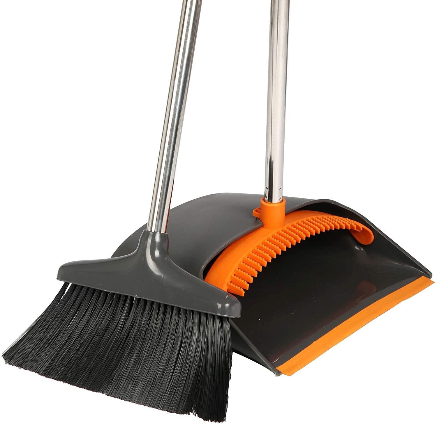 Broom and Dustpan Set Long Handle Lightweight and Robust Sweep Set Easy Assembly for Pet Hair Dirty Corners, Home Office, Grey + Orange - Bosonshop