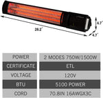 Wall Mounted Patio Heater Electric Outdoor Indoor Heater with Remote Control for Garage Ceiling Porch Home Backyard, 750W-1500W, 120V - Bosonshop
