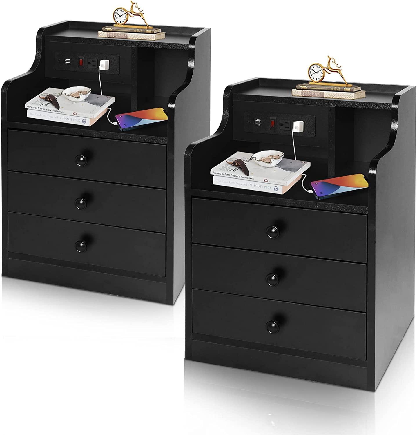 Nightstand with USB Charging Station Bedside Table 3 Drawers Storage Drawer End Side Table with Storage Wood Accent Table (Black 3 Drawers 2PC) - Bosonshop