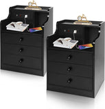 Nightstand with USB Charging Station Bedside Table 3 Drawers Storage Drawer End Side Table with Storage Wood Accent Table (Black 3 Drawers 2PC)
