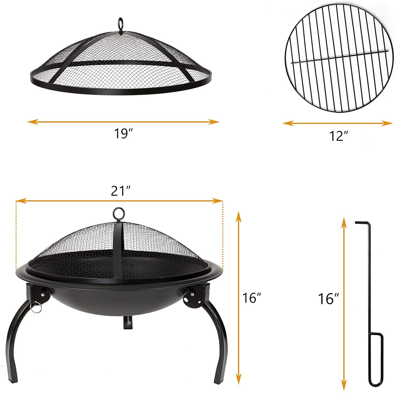 Fire Pit, 21'' Outdoor Patio Steel Fire Pit Wood Burning BBQ Grill Firepit Bowl with Round Mesh Spark Screen Cover Fire Poker - Bosonshop