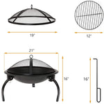Fire Pit, 21'' Outdoor Patio Steel Fire Pit Wood Burning BBQ Grill Firepit Bowl with Round Mesh Spark Screen Cover Fire Poker - Bosonshop