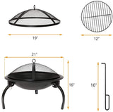 Fire Pit, 21'' Outdoor Patio Steel Fire Pit Wood Burning BBQ Grill Firepit Bowl with Round Mesh Spark Screen Cover Fire Poker - Bosonshop