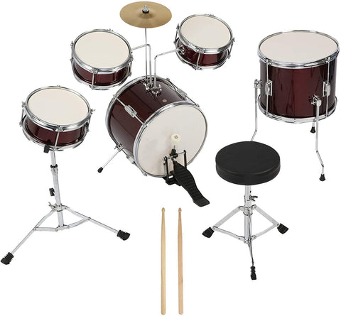 Kids Drum Set 5-Piece Junior Musical Instrument Beginner Kit with 14" Bass, Adjustable Throne, Cymbals, Pedals, Drumsticks - Bosonshop