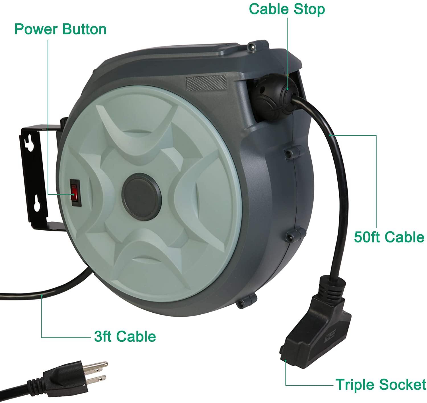 Retractable Extension Cord Reel 50FT+ 3FT Electric Cord Reel, Adjustable Stopper, 180°Swivel Ceiling or Wall Mount - Bosonshop