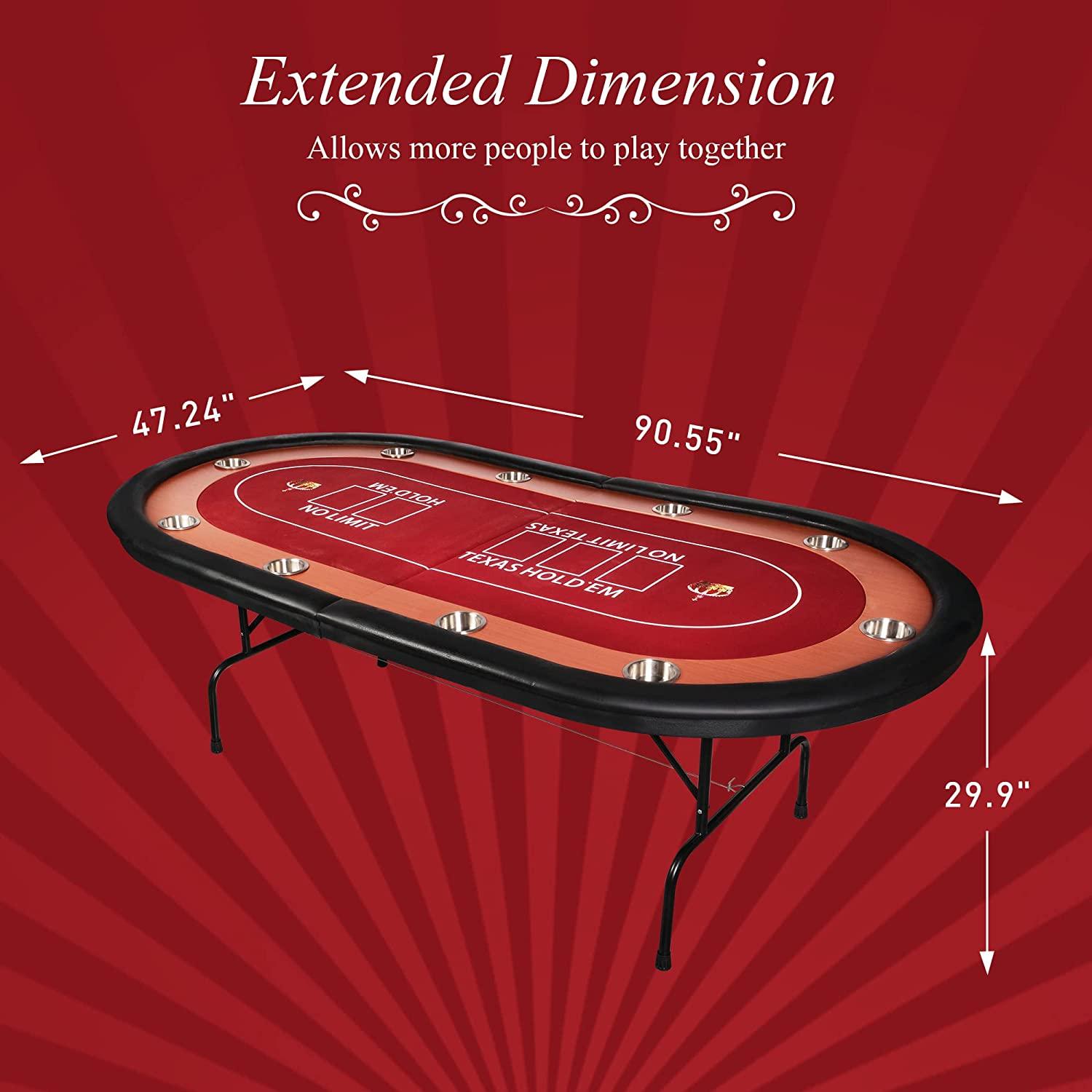Poker Table Foldable Large 10 Players Casino Table Texas Holdem  Red Felt Surface With 10 Stainless Steel Cup Holders & Padded Poker Table