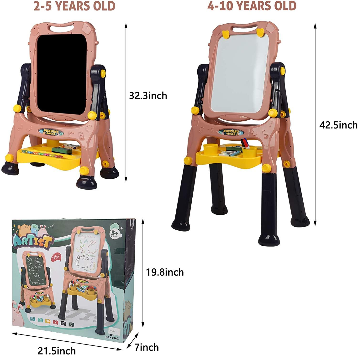 Kids Art Easel for Boys & Girls -Double Sided Standing Art Drawing Board- with Two Height Adjustable- Chalkboard and Magnetic Dry Erase Board, Pink - Bosonshop