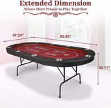 10 Players Folding Casart Poker Table Card Game Table with Metal Frame and 10 Cup Holders, Red - Bosonshop