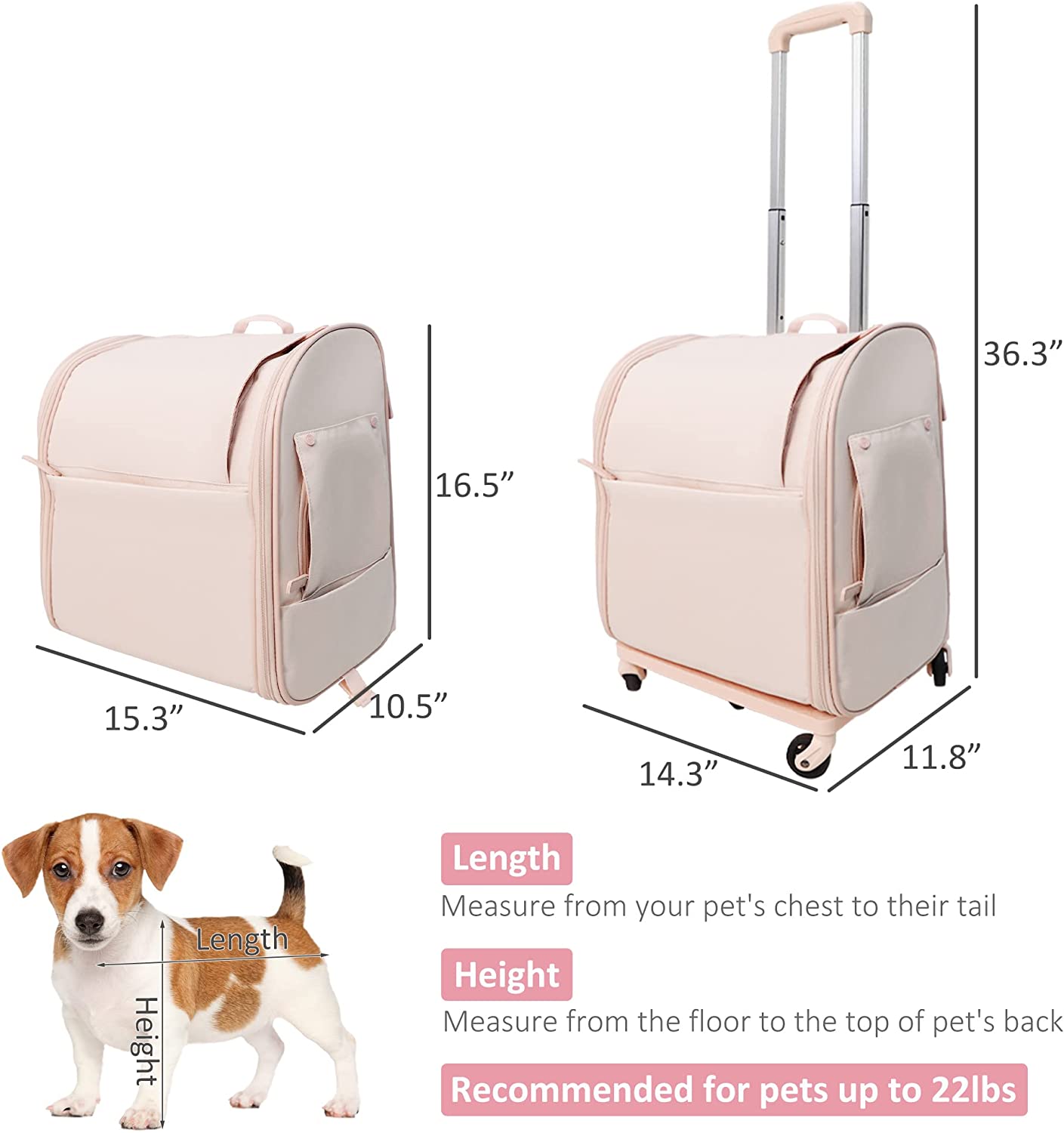 Cupets Pet Carrier with Wheels, Airline Approved Foldable Cat Carrier Backpack Bag, Pink